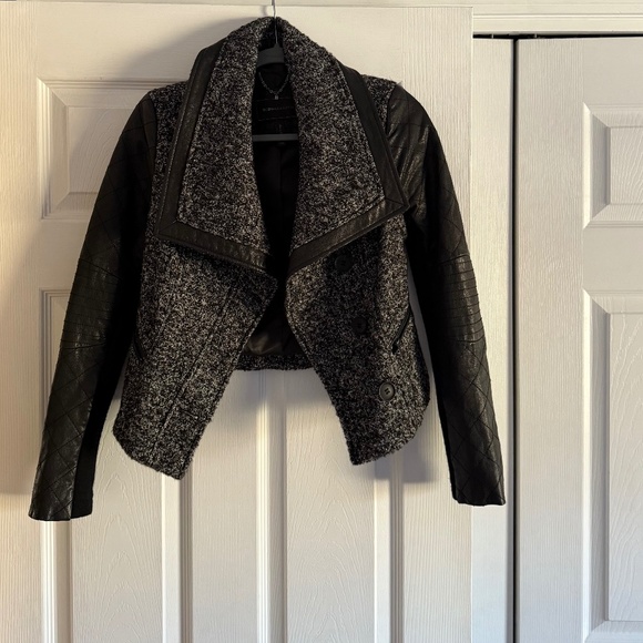 BCBG Maxazria Black/White/ Gray Tweed Quilted Leather combo jacket /coat XXS - Picture 2 of 14